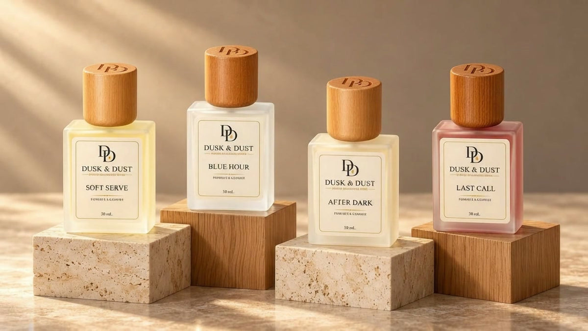 A champagne silk cloth lifts to reveal the four Dusk & Dust perfume bottles on stone and wood plinths.